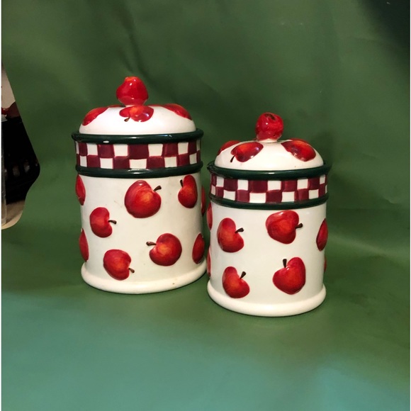 Canister 2 piece set. White / res apples porcelain - Picture 1 of 3